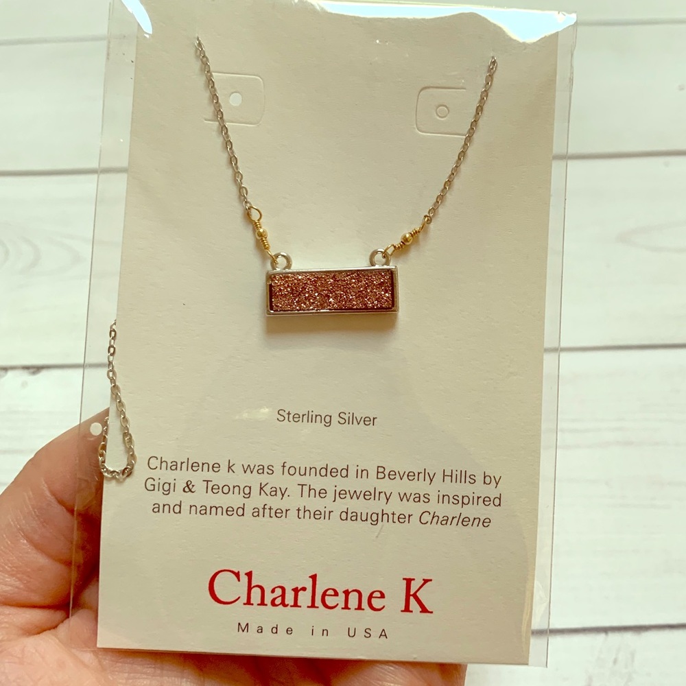 Rose colored druzy bar necklace